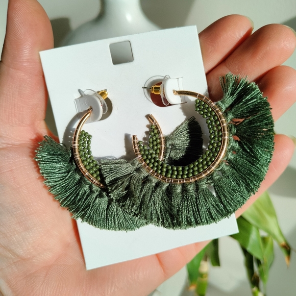 Green Boho Tassel Earrings - Picture 8 of 9